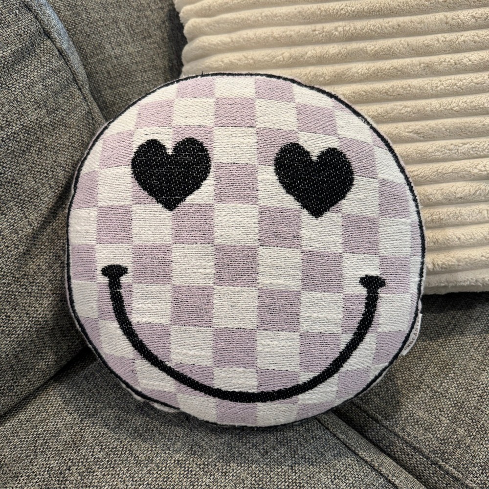 Brocante Smiley Face Pillow Round Checkerboard Heart Eyes Lavender White‎